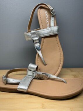 Coach Cheyanne Silver Leather Thong Sandals | Metallic Chic & Summer Ready